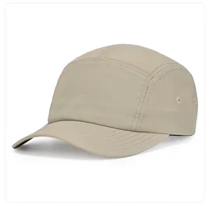 5-panel nylon camp cap, quick-dry water-resistant outdoor sports hat for hiking and running.