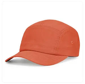 Waterproof nylon 5-panel baseball cap, outdoor quick-dry solid color curved brim running hat detail.