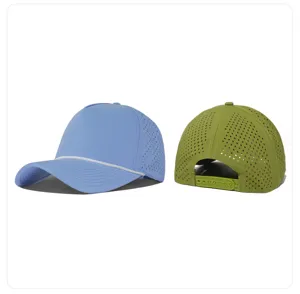 Gorra de béisbol de nylon de secado rápido de 5 paneles con cuerda y malla láser