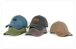 Washed cotton baseball cap detail, vintage leather patch design, breathable casual sports hat.