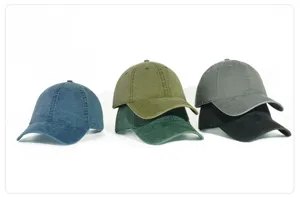 Detailed view of multi-color washed cotton baseball caps, simple vintage style casual hats.
