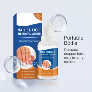 Detalle del líquido removedor de cutículas con frasco cuentagotas compacto y portátil.