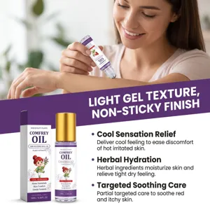 Olio di consolida roll-on lenitivo vista di dettaglio applicazione cutanea erbe.