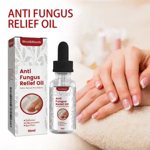 Detail view of West&Month nail fungus relief oil bottle with dropper and packaging box.