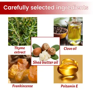 Detailed view of natural nail care oil ingredients including thyme extract and vitamin E.