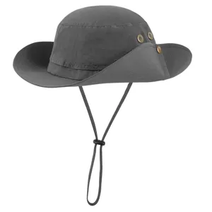 Dark grey wide brim outdoor sun hat with wind cord and metallic eyelets, side view.