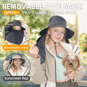 Detachable face mask sun protection bucket hat with UPF50+ UV blocking for outdoor hiking.