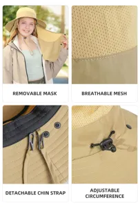 Outdoor sun protection bucket hat with removable face mask, breathable mesh and strap.