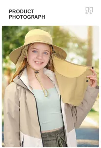 Outdoor sun protection bucket hat with breathable mesh and neck flap for hiking.