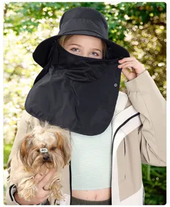 Black sun protection bucket hat with full face mask and neck flap for outdoor hiking fishing.