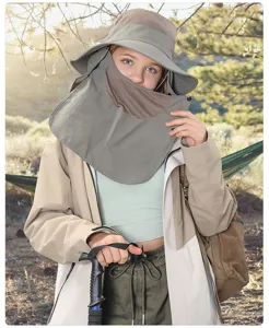 Outdoor sun protection bucket hat with full face neck flap breathable hiking cap detail view