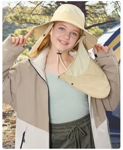 Detailed view of the outdoor sun hat with breathable mesh and neck flap for hiking camping.
