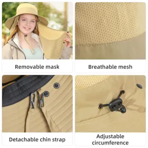 Sun protection bucket hat with breathable mesh, removable mask, and adjustable strap.