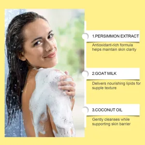 Vue détaillée des ingrédients du savon à l'extrait de kaki, lait de chèvre et huiles.