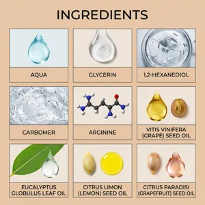 Infographie détaillée d'huile de massage corps OCEAURA montrant les ingrédients naturels clés.