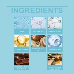 Tabla detallada de ingredientes que muestra componentes activos como agua y dióxido para la crema.