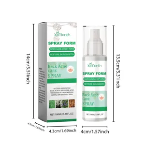 Gedetailleerd maataanzicht van Ximonth kruidenspray fles en verpakkingsdoos voor acné.