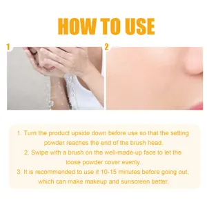 Guide d'utilisation détaillé montrant comment appliquer la poudre uniformément sur le visage.