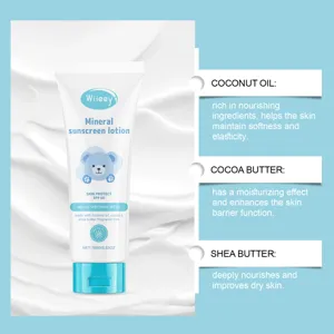 Loción solar mineral SPF 50 con aceite de coco y manteca de karité para hidratar la piel.