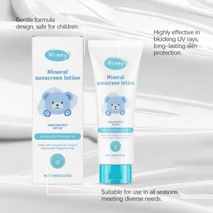 Detalle de loción solar mineral Wiieey, SPF 50, protección UV, seguro para niños, 100g.
