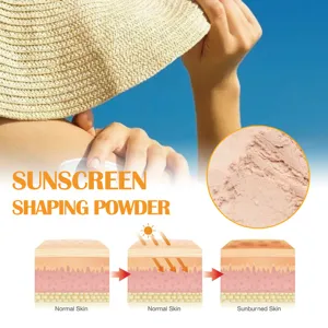 Poudre de maquillage solaire détail montrant texture fine et graphique de protection.