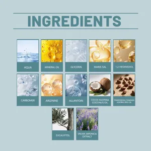 Infographie détaillée des ingrédients montrant des extraits naturels et minéraux pour gommage.