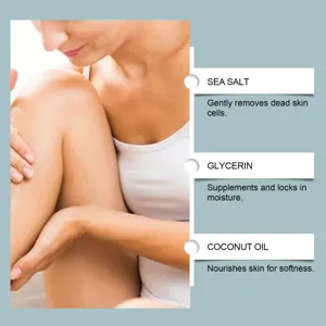 Gommage corporel exfoliant au sel de mer et huile de coco pour une peau douce et lisse.