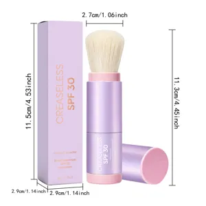 Vue détaillée de pinceau de maquillage solaire en poudre minérale portable avec des cotes précises.