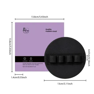 Gant de bain exfoliant double face avec boîte de rangement et détails de dimensions.