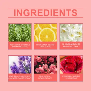 Presentación de extractos de plantas naturales con elementos botánicos como rosa y lavanda.