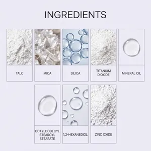 Tableau d'ingrédients cosmétiques de qualité avec poudres minérales naturelles et textures légères.
