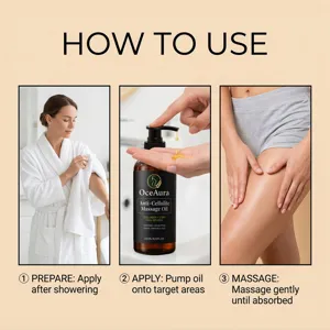 Huile de massage anti-cellulite OceAura détail montrant les étapes d'application faciles.