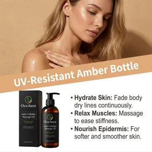 Vue détaillée de la bouteille d'huile de massage corporelle OceAura avec des bienfaits nourrissants.