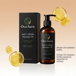 Huile de massage anti-cellulite OceAura en flacon ambré pour soin corporel quotidien.