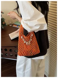 Zomerse gehaakte geweven handtas trendy mesh tas met parel schelp hanger strand stijl