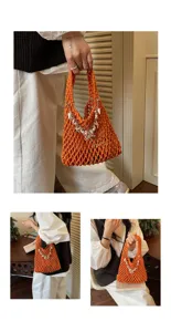 Oranje opengewerkte gebreide handtas met schelp-parelbedels, stijlvolle zomertas voor dames.