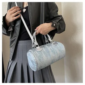 Women sequin barrel shoulder bag stylish crossbody handbag silver handle chic everyday purse