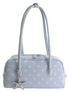 Sweet light blue polka dot shoulder bag bowling handbag with cute starfish charm for daily wear.