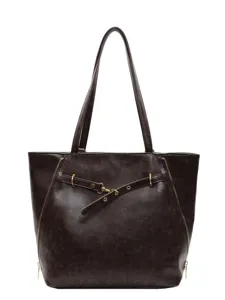 Borsa shopper vintage in ecopelle marrone scuro, grande borsa a spalla casual da donna