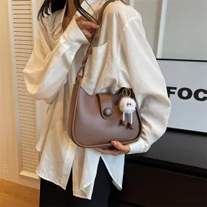 Stylish brown shoulder bag for women minimalist hobo crossbody bag with cute fluffy keychain