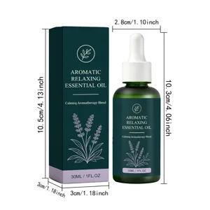 Huile essentielle aromatique relaxante flacone de 30ml avec boîte et dimensions.