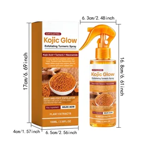 Detailansicht des Kurkuma-Peeling-Sprays mit Flaschen- und Verpackungsabmessungen.