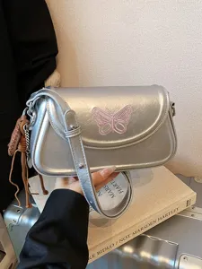 Petit Sac à Bandoulière pour Femmes en Cuir PU Sac Sous les Aisselles avec Broderie Papillon Sac à Main Mode Casual