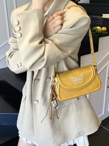 Sac à épaule pour femme sac aisselles jaune sac bandoulière rétro mode avec papillon brodé