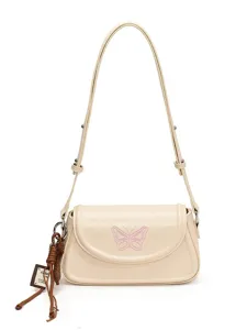 Sac à bandoulière en cuir PU blanc crème pour femme avec broderie papillon rose et breloque.