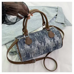 Fashion denim cylindrical handbag with brown leather strap, sequin embellished crossbody bag.