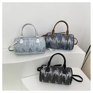 Stylish women barrel bag with shiny sequin details, portable handbag and versatile crossbody.