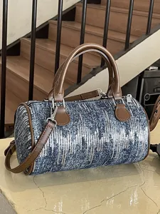 Women Denim Sequin Cylindrical Crossbody Bag Boston Handbag Casual Zipper Shoulder Bag Daily Commute Purse