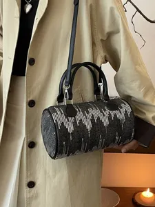 Chic grey sequin cylindrical crossbody bag for women, stylish patterned shoulder handbag.