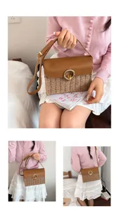 Retro straw woven crossbody bag with brown leather flap and elegant gold ring clasp design.